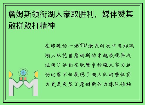 詹姆斯领衔湖人豪取胜利，媒体赞其敢拼敢打精神