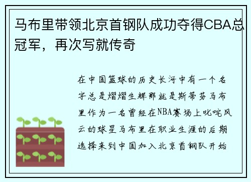 马布里带领北京首钢队成功夺得CBA总冠军，再次写就传奇